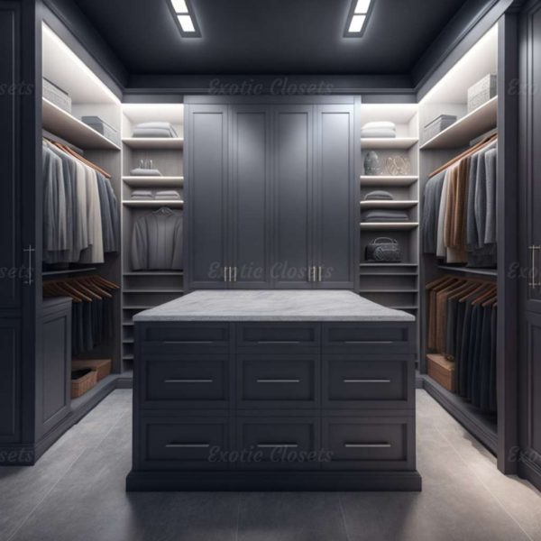 Gray Finish U-Shaped Luxury Walk-In Closet with Lights and Quartz Island 30 | Exotic Closets