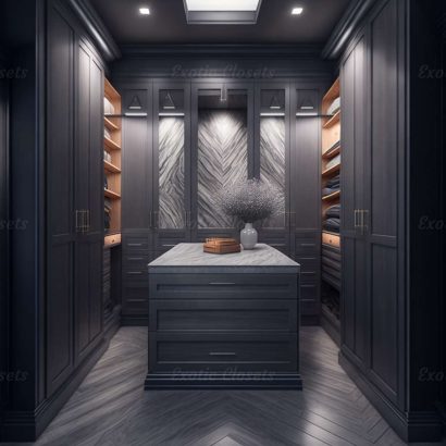 Gray Finish U-Shaped Luxury Walk-In Closet with Lights and Quartz Island 31 | Exotic Closets