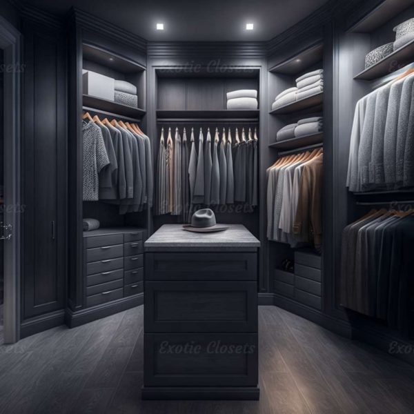 Gray Finish U-Shaped Luxury Walk-In Closet with Lights and Quartz Island 32 | Exotic Closets