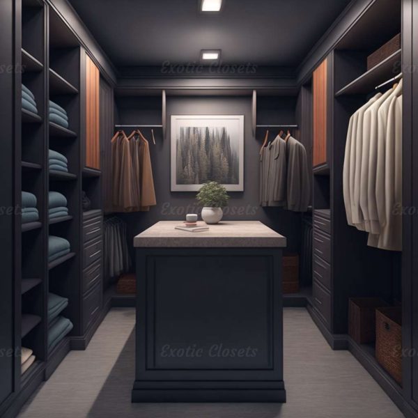 Gray Finish U-Shaped Luxury Walk-In Closet with Lights and Quartz Island 34 | Exotic Closets