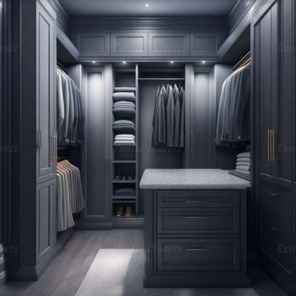 Gray Finish U-Shaped Luxury Walk-In Closet with Lights and Quartz Island 4 | Exotic Closets