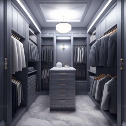 Gray Finish U-Shaped Luxury Walk-In Closet with Lights and Quartz Island 6 | Exotic Closets