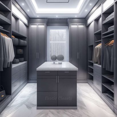 Gray Finish U-Shaped Luxury Walk-In Closet with Lights and Quartz Island 7 | Exotic Closets