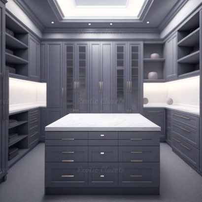Gray Finish U-Shaped Luxury Walk-In Closet with Lights and Quartz Island 9 | Exotic Closets