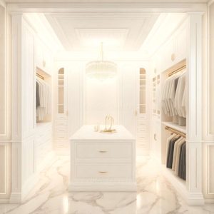 Ivory Finish U-Shaped Luxury Walk-In Closet with Lights and Quartz Island 1 | Exotic Closets