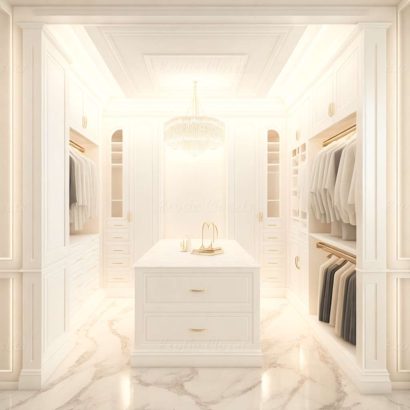 Ivory Finish U-Shaped Luxury Walk-In Closet with Lights and Quartz Island 1 | Exotic Closets