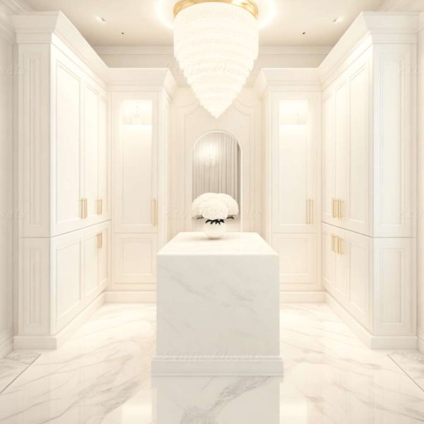 Ivory Finish U-Shaped Luxury Walk-In Closet with Lights and Quartz Island | Exotic Closets