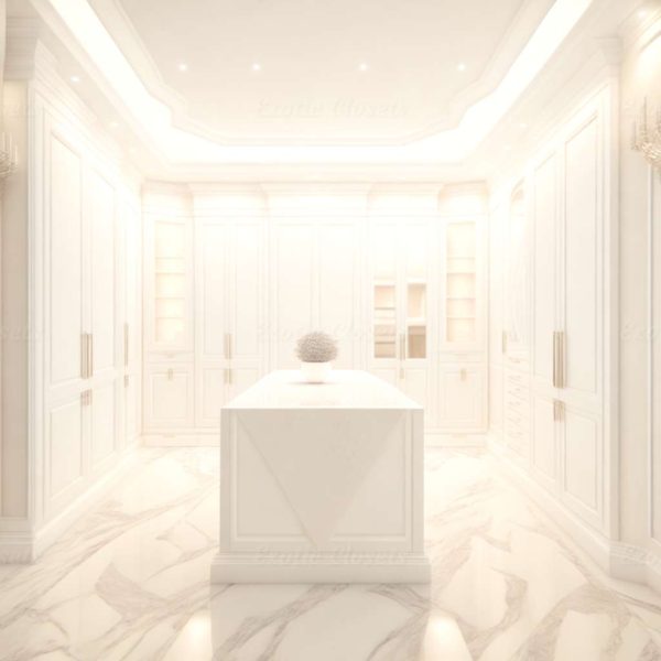 Ivory Finish U-Shaped Luxury Walk-In Closet with Lights and Quartz Island 3 | Exotic Closets