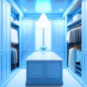 Light Blue Finish U-Shaped Luxury Walk-In Closet with Lights and Quartz Island | Exotic Closets