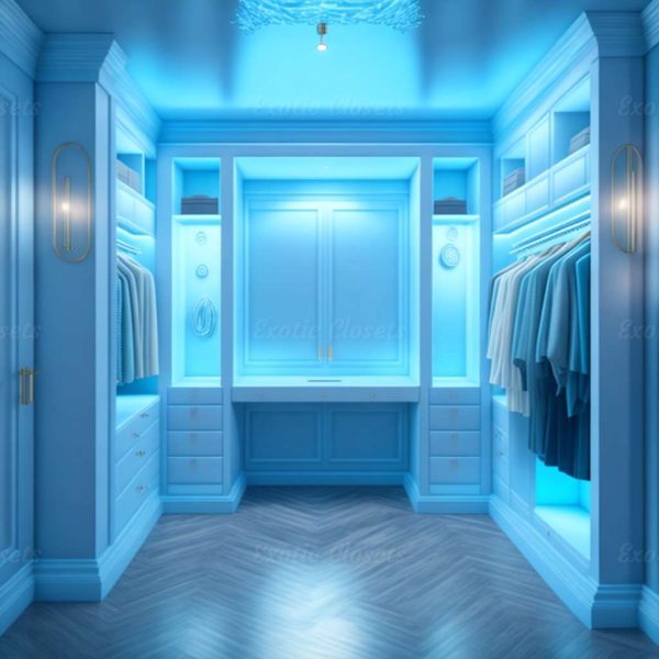 Light Blue Finish U-Shaped Luxury Walk-In Closet with Lights and Quartz Island 1 | Exotic Closets