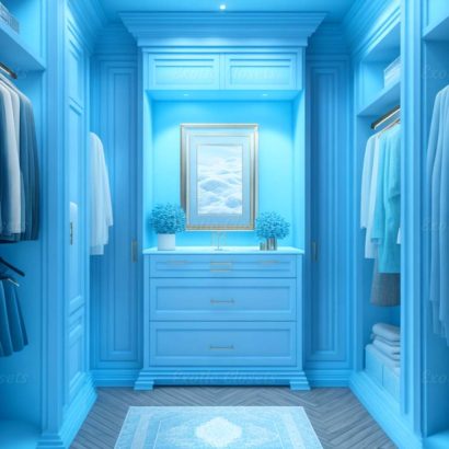 Light Blue Finish U-Shaped Luxury Walk-In Closet with Lights and Quartz Island 2 | Exotic Closets
