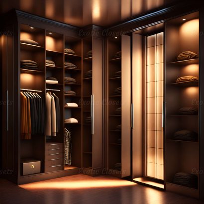 Light Brown Finish U-Shaped Luxury Walk-In Closet with Lights and Quartz Island 1 | Exotic Closets