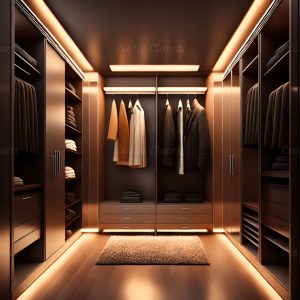 Light Brown Finish U-Shaped Luxury Walk-In Closet with Lights and Quartz Island | Exotic Closets