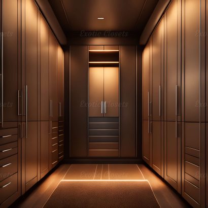 Light Brown Finish U-Shaped Luxury Walk-In Closet with Lights and Quartz Island 2 | Exotic Closets