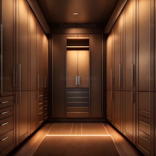 Light Brown Finish U-Shaped Luxury Walk-In Closet with Lights and Quartz Island 2 | Exotic Closets