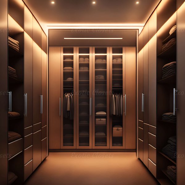 Light Brown Finish U-Shaped Luxury Walk-In Closet with Lights and Quartz Island 3 | Exotic Closets