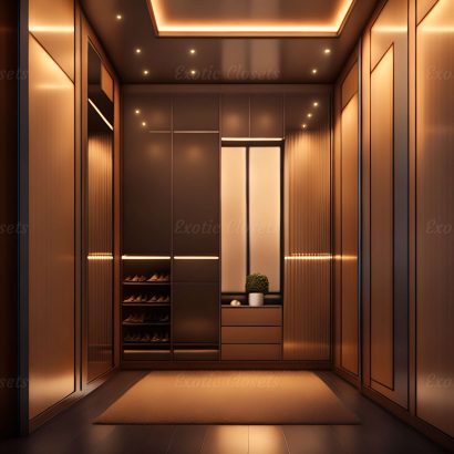 Light Brown Finish U-Shaped Luxury Walk-In Closet with Lights and Quartz Island 4 | Exotic Closets