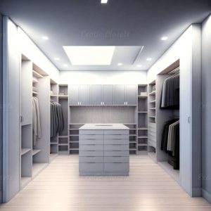 Light Gray Finish U-Shaped Luxury Walk-In Closet with Lights and Quartz Island | Exotic Closets