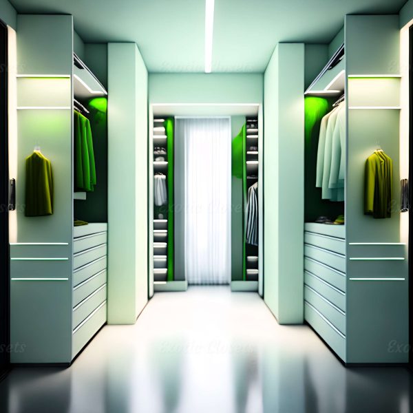 Light Green Finish U-Shaped Luxury Walk-In Closet with Lights and Quartz Island | Exotic Closets