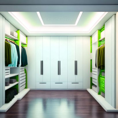 Light Green Finish U-Shaped Luxury Walk-In Closet with Lights and Quartz Island 1 | Exotic Closets