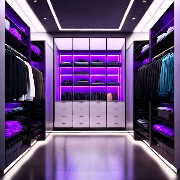 Light Purple Finish U-Shaped Luxury Walk-In Closet with Lights and Quartz Island 1 | Exotic Closets