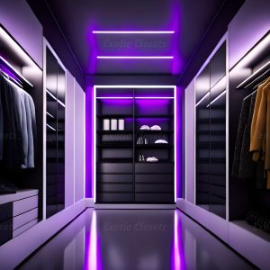 Light Purple Finish U-Shaped Luxury Walk-In Closet with Lights and Quartz Island | Exotic Closets
