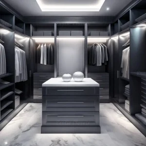 Pewter Finish U-Shaped Luxury Walk-In Closet with Lights and Quartz Island