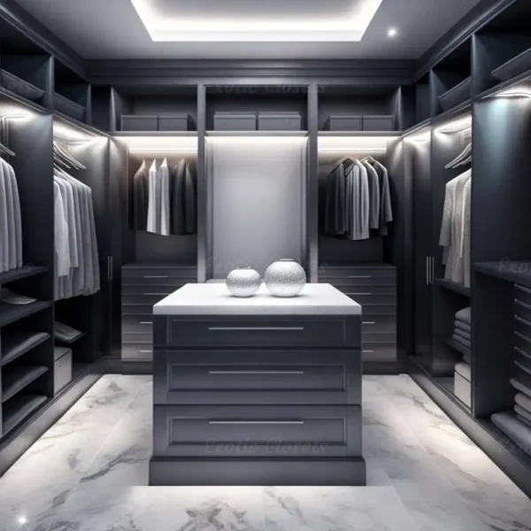 Pewter Finish U-Shaped Luxury Walk-In Closet with Lights and Quartz Island