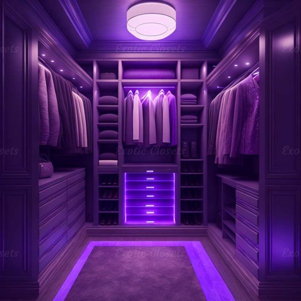 Purple U-Shaped Luxury Walk-In Closet with Lights and Quartz Island 1 | Exotic Closets