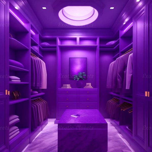 Purple U-Shaped Luxury Walk-In Closet with Lights and Quartz Island 10 | Exotic Closets