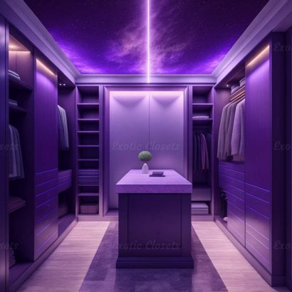 Purple U-Shaped Luxury Walk-In Closet with Lights and Quartz Island 12 | Exotic Closets