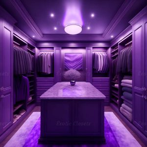 Purple U-Shaped Luxury Walk-In Closet with Lights and Quartz Island | Exotic Closets
