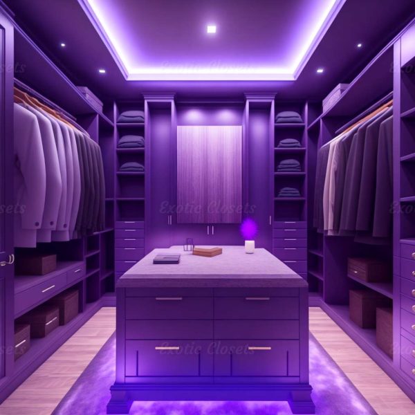 Purple U-Shaped Luxury Walk-In Closet with Lights and Quartz Island 13 | Exotic Closets