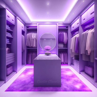 Purple U-Shaped Luxury Walk-In Closet with Lights and Quartz Island 2 | Exotic Closets