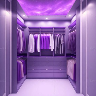Purple U-Shaped Luxury Walk-In Closet with Lights and Quartz Island 3 | Exotic Closets