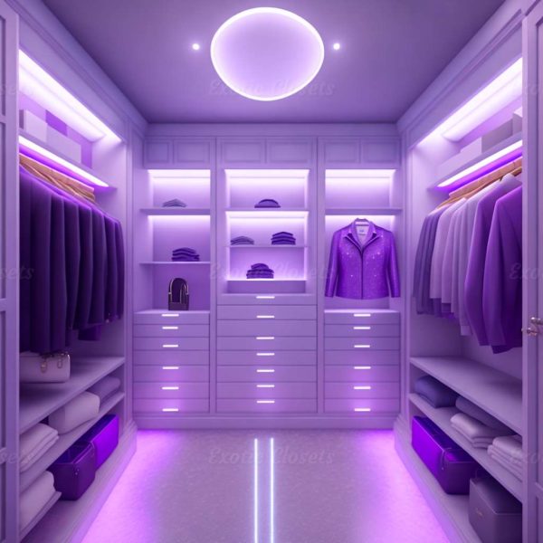 Purple U-Shaped Luxury Walk-In Closet with Lights and Quartz Island 4 | Exotic Closets