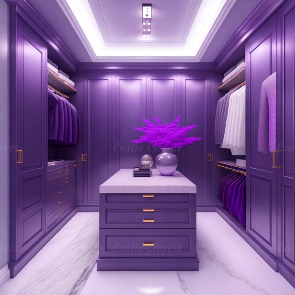 Purple U-Shaped Luxury Walk-In Closet with Lights and Quartz Island 6 | Exotic Closets