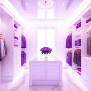White Finish U-Shaped Luxury Walk-In Closet with Lights and Quartz Island 1 | Exotic Closets