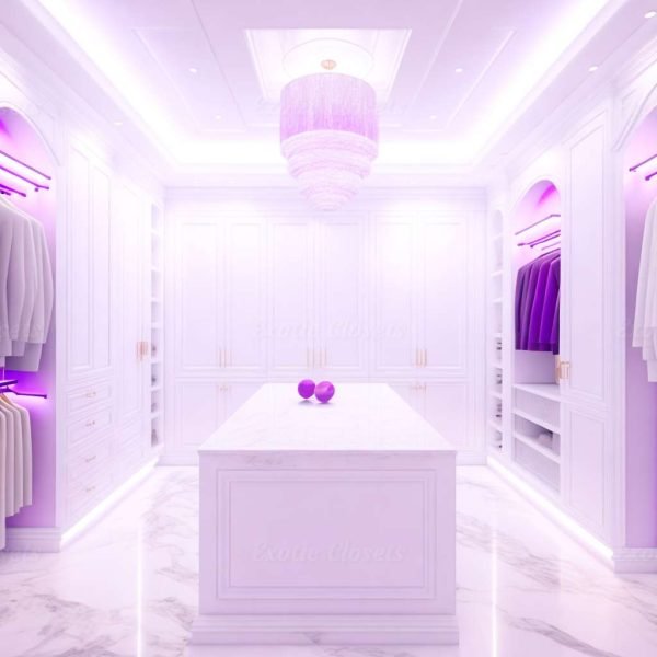 White Finish U-Shaped Luxury Walk-In Closet with Lights and Quartz Island 2 | Exotic Closets