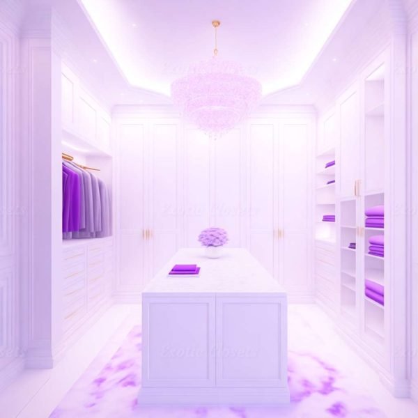 White Finish U-Shaped Luxury Walk-In Closet with Lights and Quartz Island | Exotic Closets