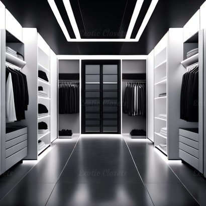 White Finish U-Shaped Luxury Walk-In Closet with Lights and Quartz Island 3 | Exotic Closets