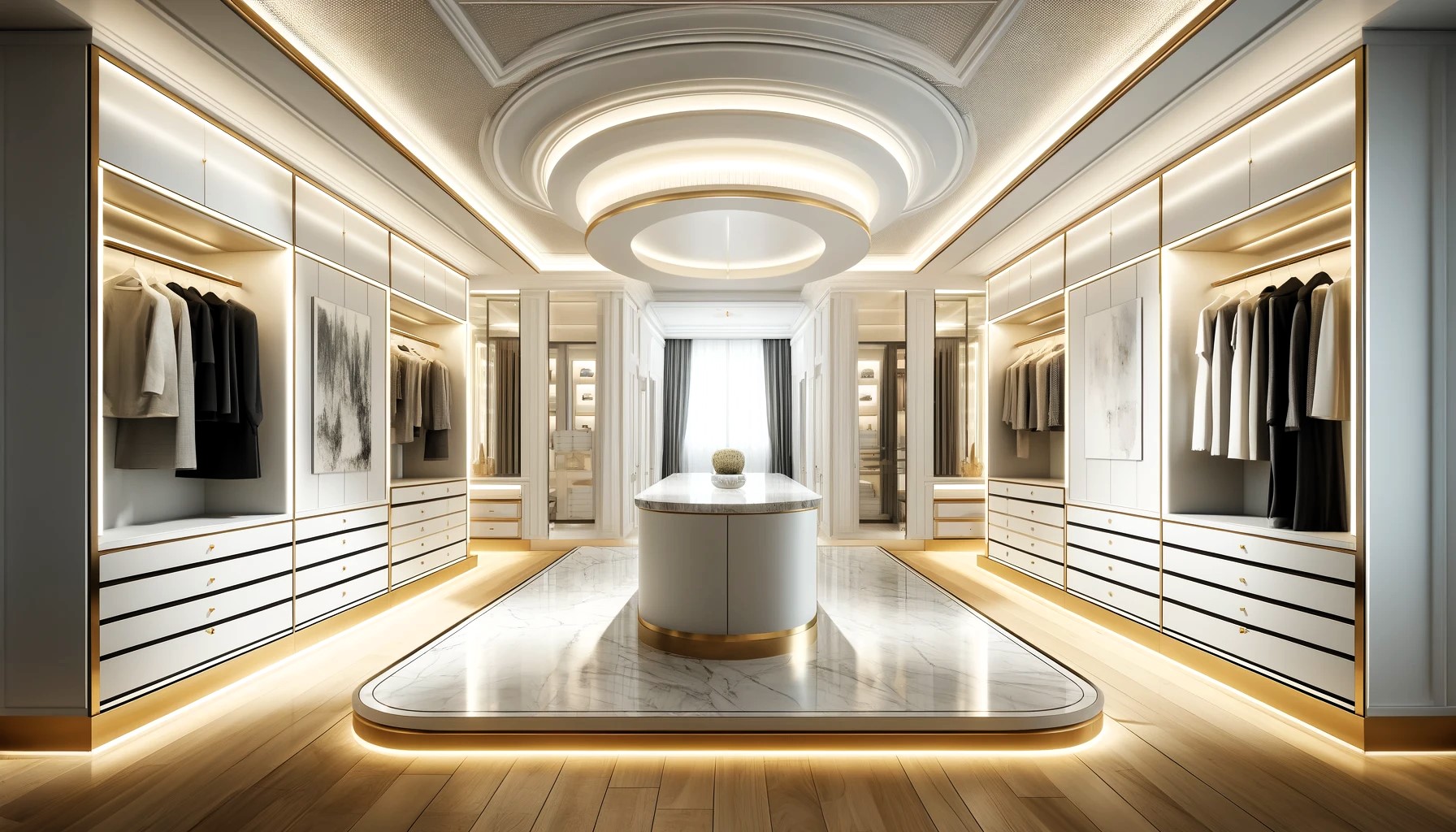 A luxurious walk-in closet design, beautifully organized with clothing and accessories.